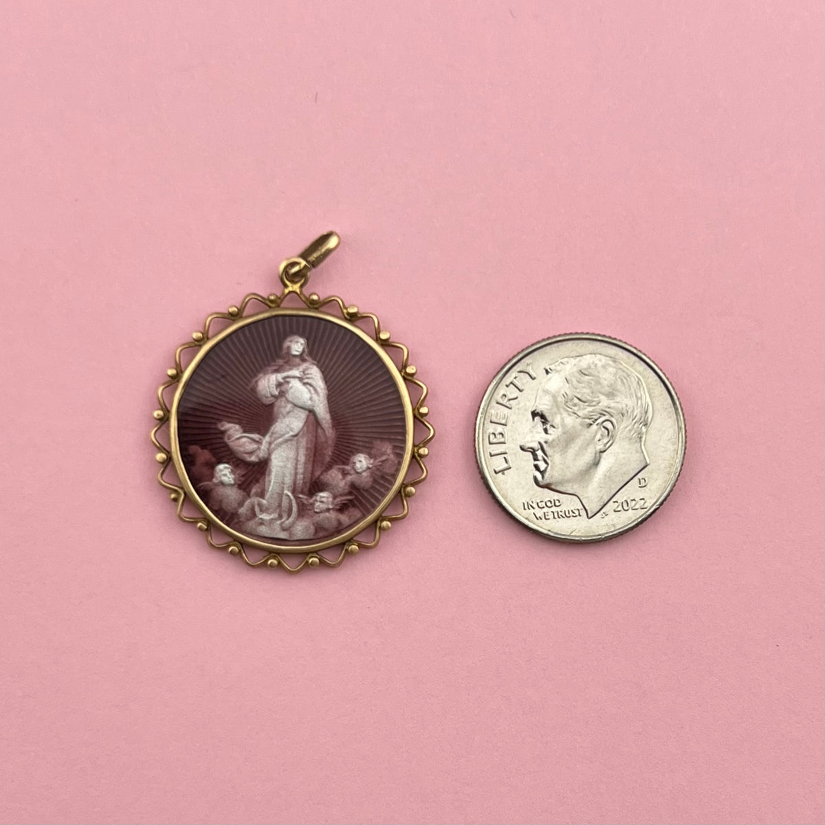 1932 Mother Mary Medallion with Enamel and Shell