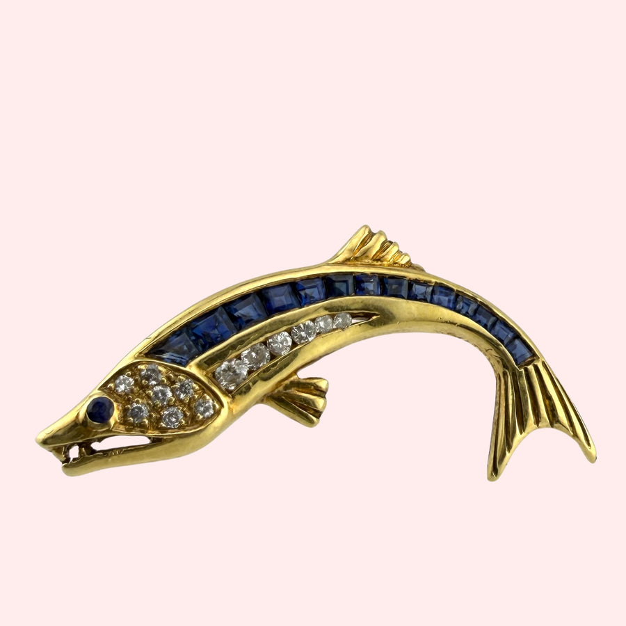 Diamond and Sapphire Fish Brooch