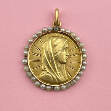 Engraved Mother Mary Medallion with Pearls