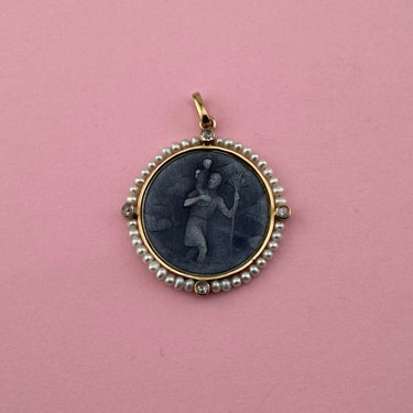 Blue Enamel Saint Christopher Medallion with Pearl and Diamond Frame