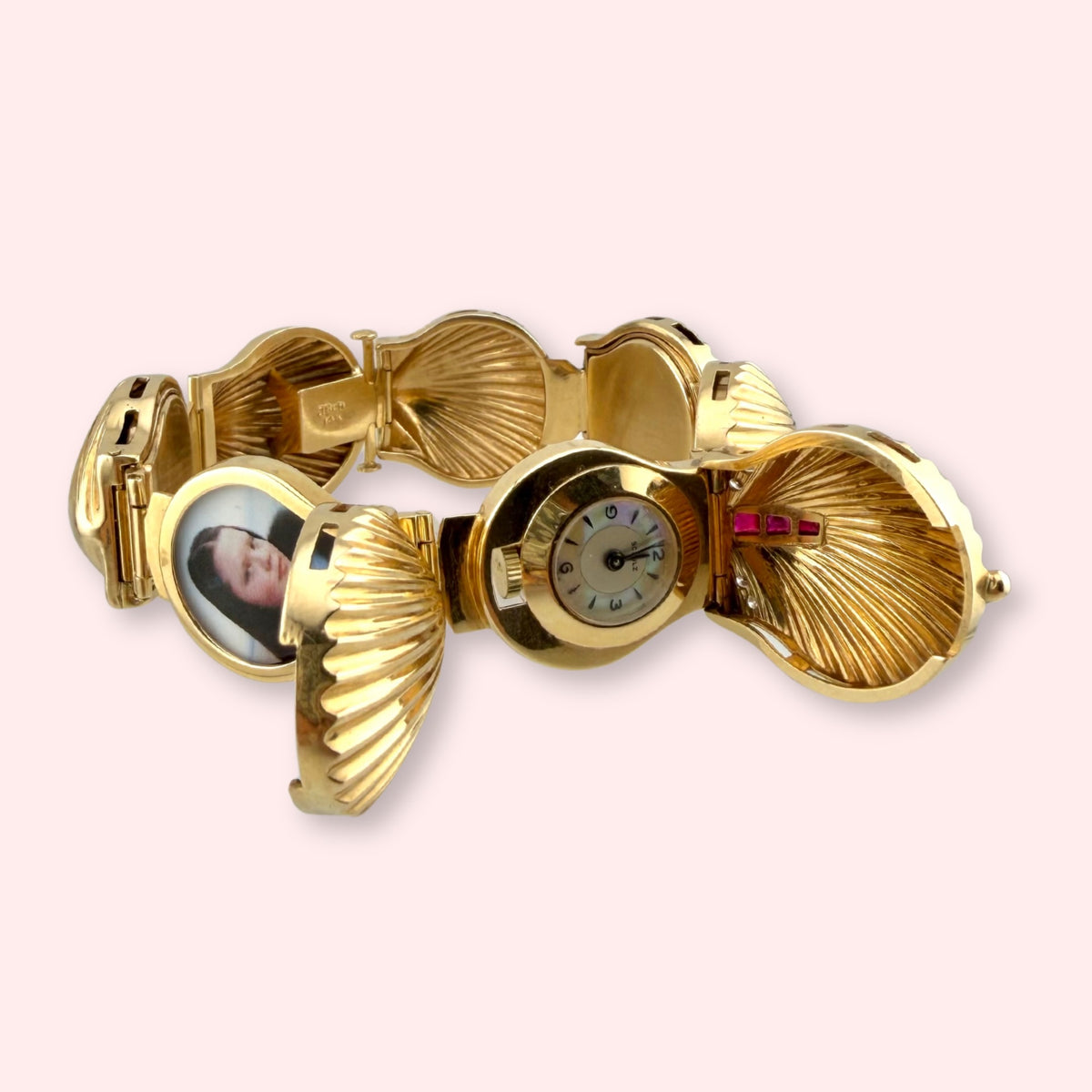 Rare J. Schulz 14k Gold Shell Locket Watch with Rubies and Diamonds