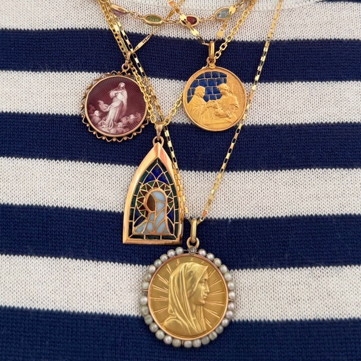 1932 Mother Mary Medallion with Enamel and Shell
