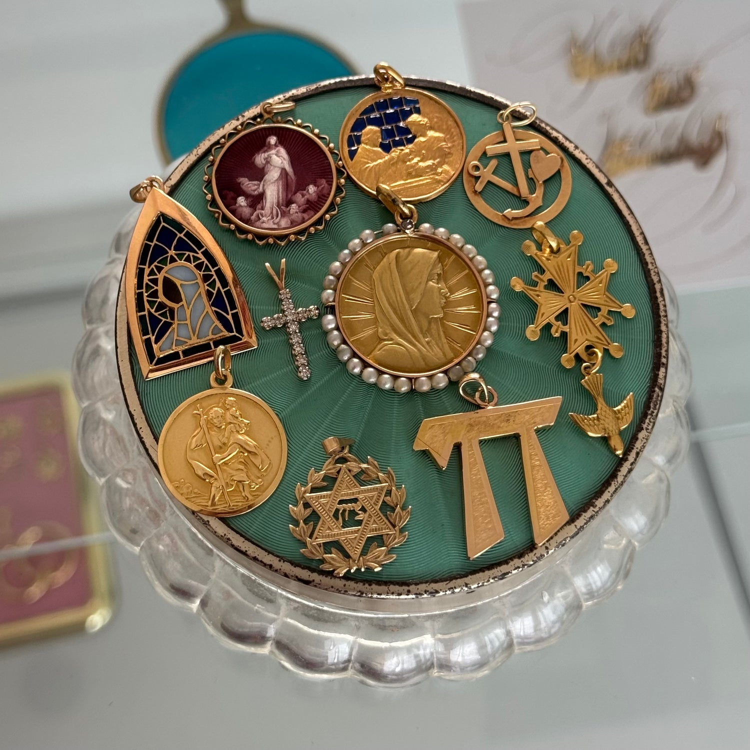 1932 Mother Mary Medallion with Enamel and Shell