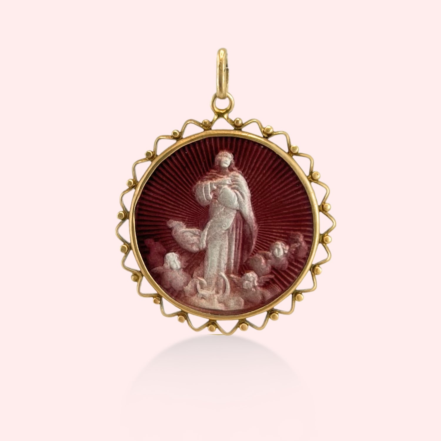 1932 Mother Mary Medallion with Enamel and Shell