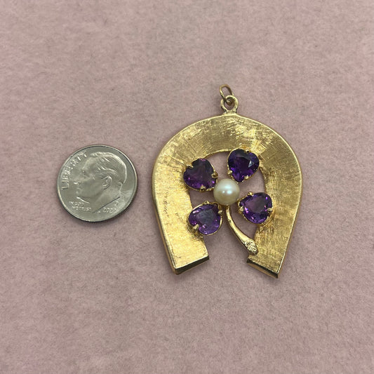 Horseshoe and Clover Good Luck Pendant with Amethyst and Pearl