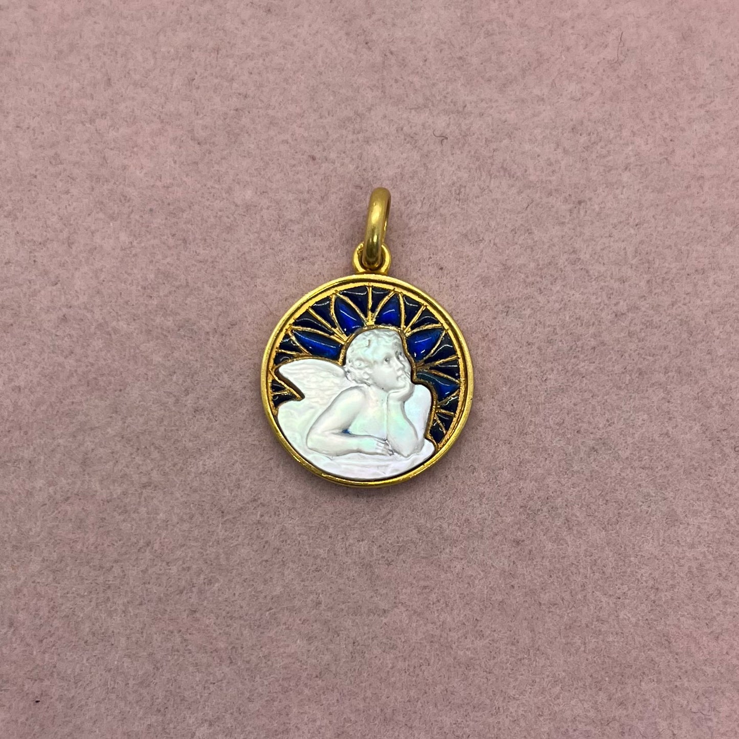Mother-of-Pearl Angel Medallion with Blue Plique a Jour Enamel