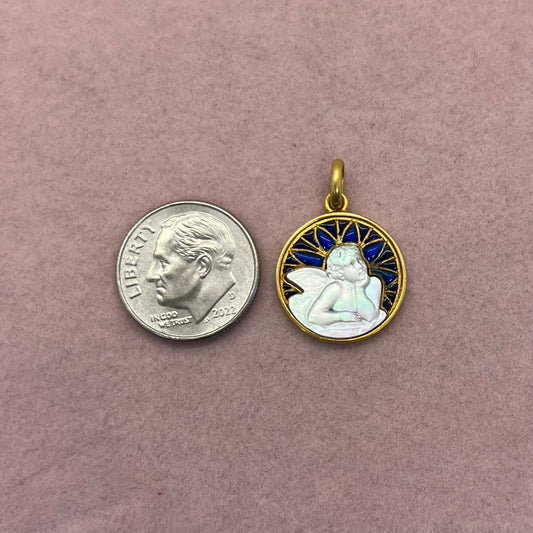 Mother-of-Pearl Angel Medallion with Blue Plique a Jour Enamel