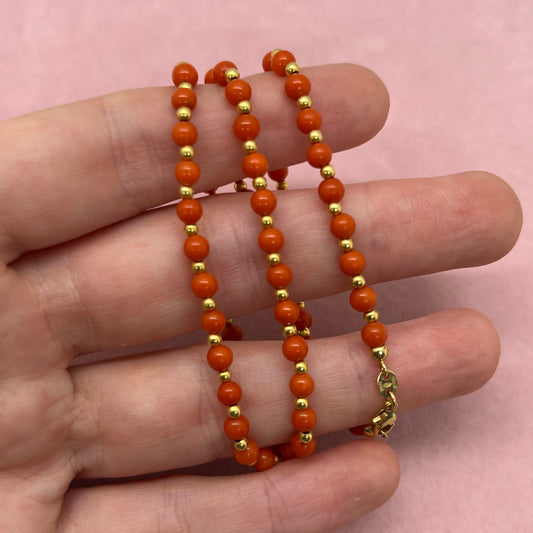 Coral and 18k Gold Beaded Chain